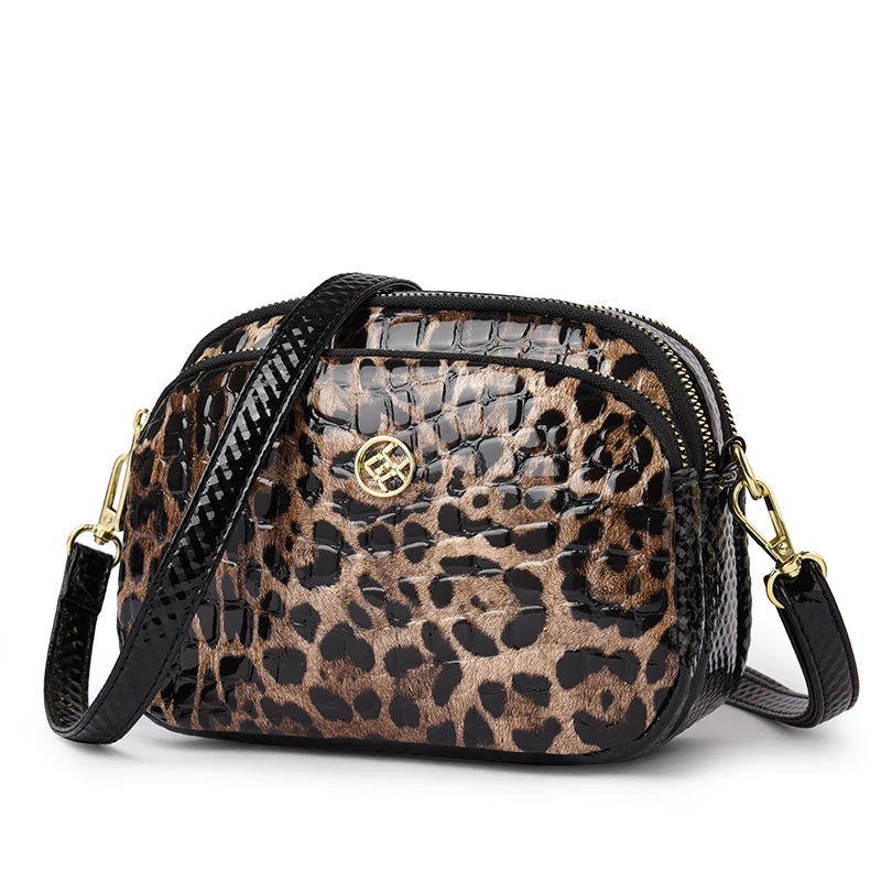 New 2025 Womens Small Messenger Bag PU Leather Shiny Shoulder Bag Fashion Saddle Bags Leopard Print Phone Purse Lipstick Storage