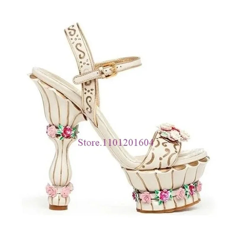 Cake Platform Palace Pink Open Sandals Women Flower Print Color Graffiti Heels Pillar Strange Style Sandals Round Slingback Shoe