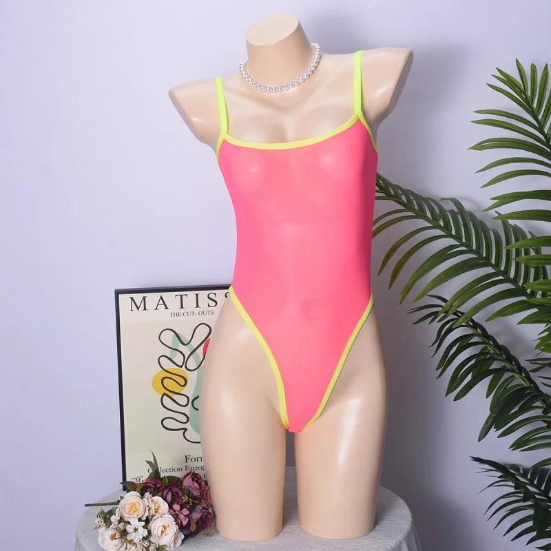 Sexy Lingerie for Woman Neon Pink Sheer Mesh Bodysuit Slimming Body Spaghetti Strap One Piece Lingerie Teddy Sleeveless Jumpsuit