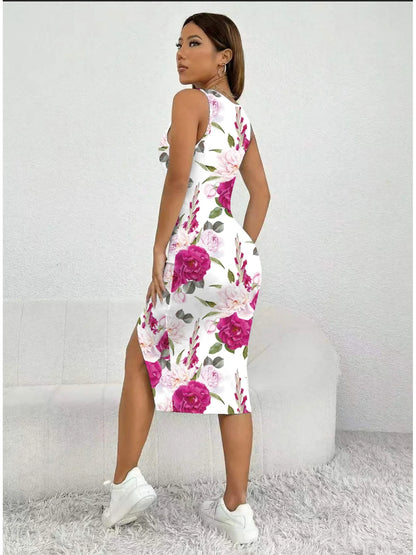 Women's Floral Print Sleeveless Dress Casual Elegant Comfortable Mid-Length Skirt with Thick Shoulder Strap Square Neck Slit