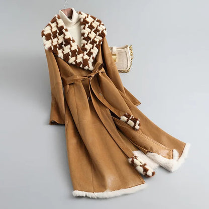 PUDI CT418 Women Mink Fur Collar Medium Long Jacket 2024 New Winter Fashion Rabbit Fur Warm Slim Coat