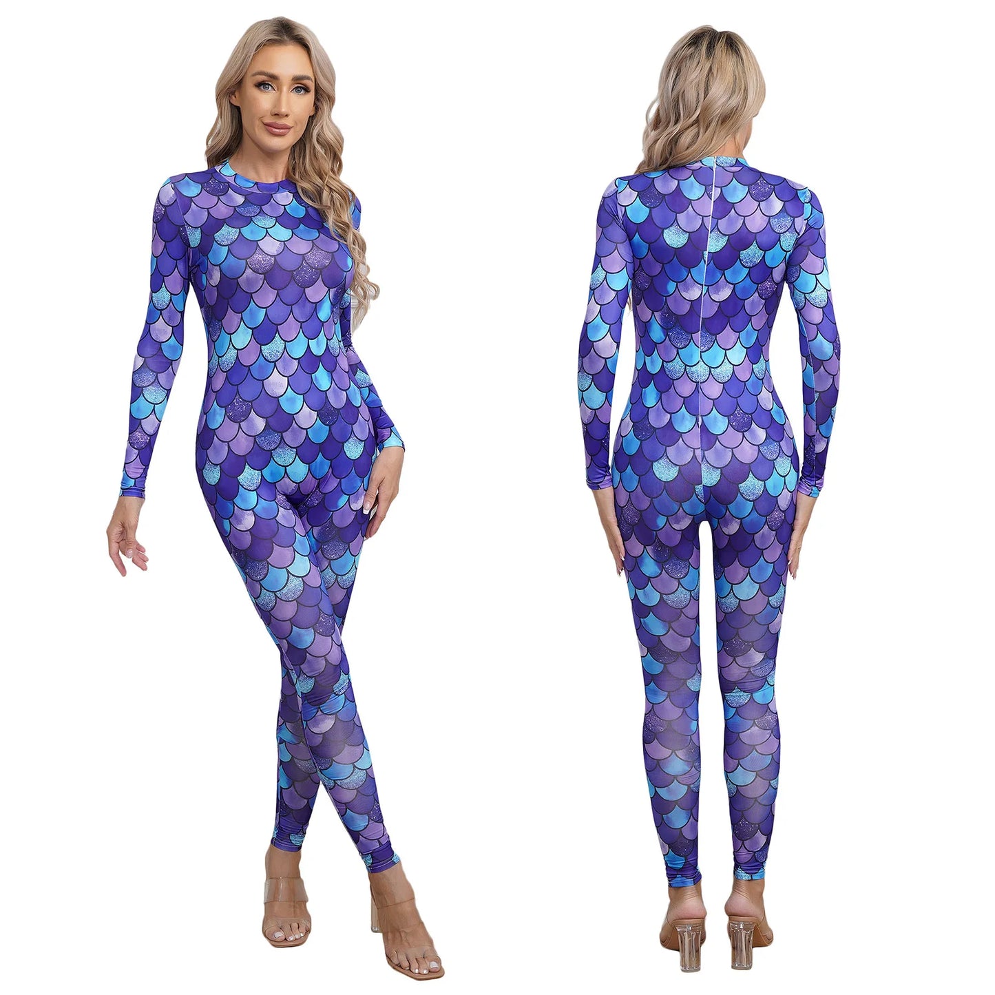Womens Rash Guard One Piece Swimsuit Mermaid Fish Scale Print Long Sleeve Back Zipper Full Body Tops Sexy Swimwear Jumpsuit