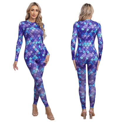 Womens Rash Guard One Piece Swimsuit Mermaid Fish Scale Print Long Sleeve Back Zipper Full Body Tops Sexy Swimwear Jumpsuit