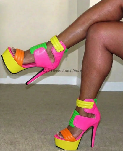 Women's hot pink platform leather sandals 2026 New in buckled mixed colors zipper high heels booties luxury designer party shoes