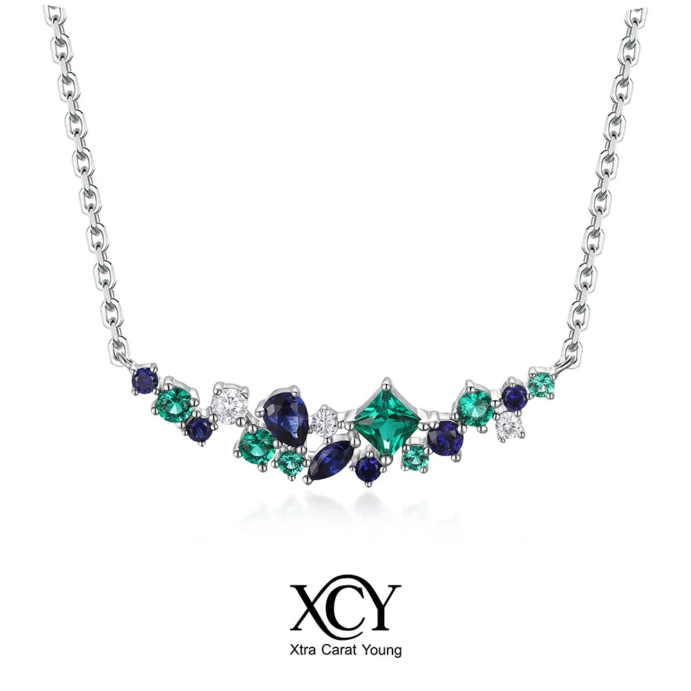 XCY Mixed Cut Lab Sapphire Emerald Moissanite Necklace for Women 925 Silver Curved Cluster Pendant Anniversary Fine Jewelry Gift