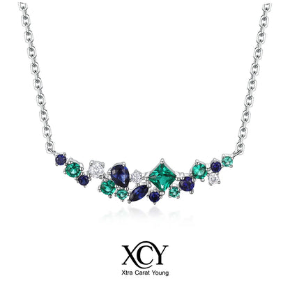 XCY Mixed Cut Lab Sapphire Emerald Moissanite Necklace for Women 925 Silver Curved Cluster Pendant Anniversary Fine Jewelry Gift