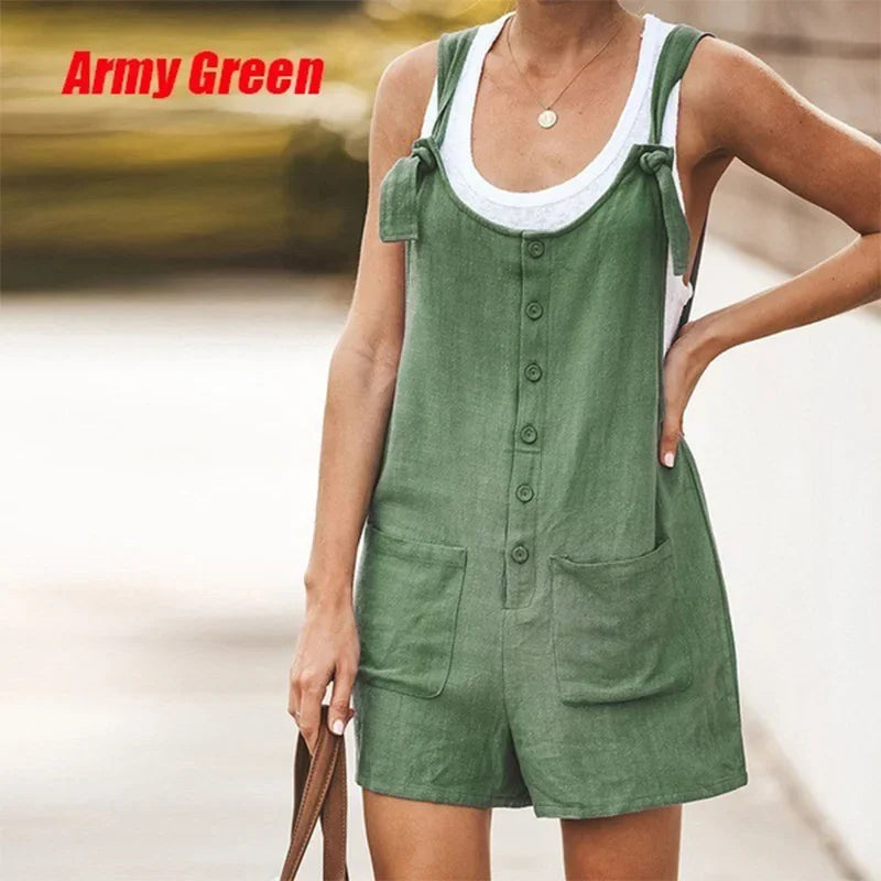 Summer Women's Solid Color Patch Pocket Tied Cotton Linen Suspender Pants Casual Classic Style High Waist Wide Leg