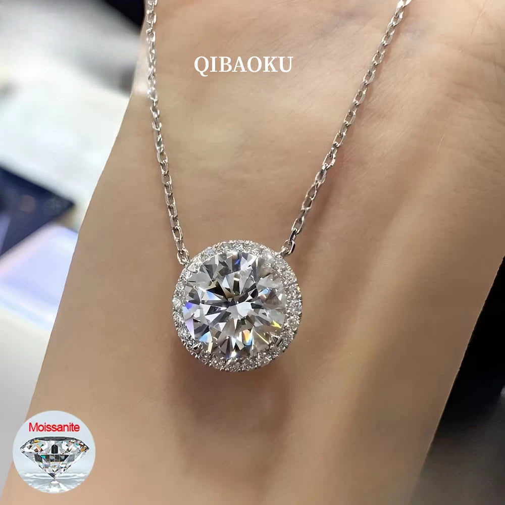 QIBAOKU 1-3CT Moissanite Halo Pendant Necklace S925 Sterling Silver Lab-grown Diamond for Women Wedding Gift Jewelry GRA 2026