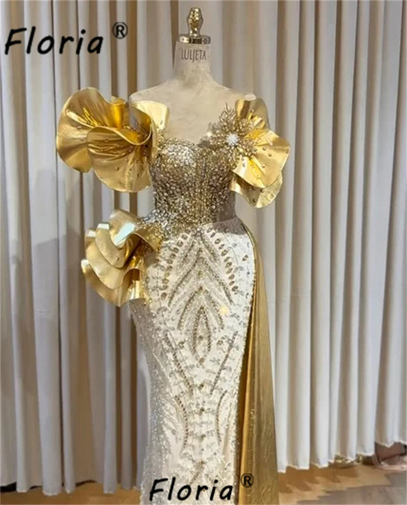 Luxury Gold Mermaid Evening Dress Off Shoulder Beaded Sequins Formal Gown with 3D Ruffle Flowers & Side Train for Women Wedding