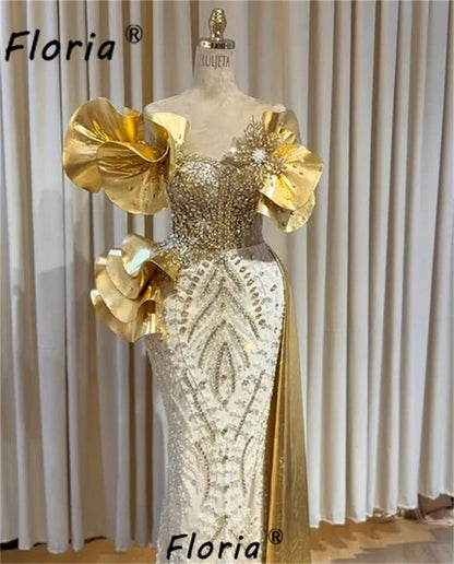 Luxury Gold Mermaid Evening Dress Off Shoulder Beaded Sequins Formal Gown with 3D Ruffle Flowers & Side Train for Women Wedding