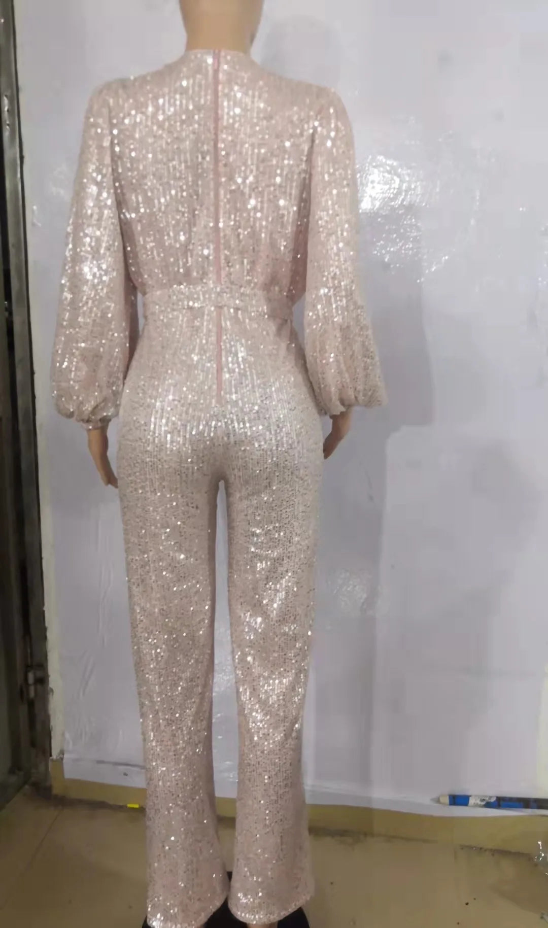 2026 Women's Elegant Sequined Jumpsuit Spring Summer Ladies Bling Bling V-neck High Waist Rompers Overalls with Lantern Sleeve