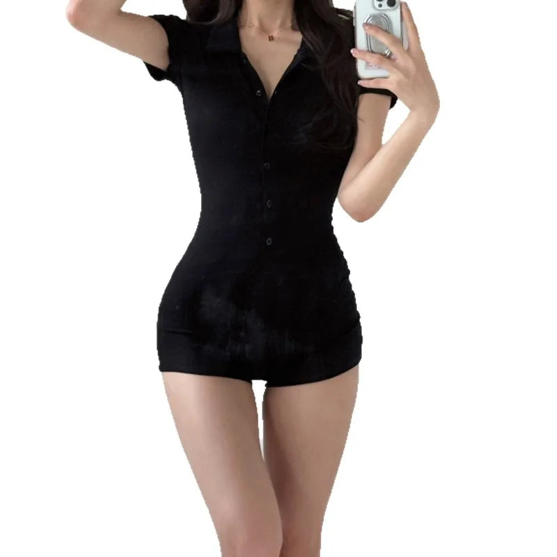 AltGoth Sexy New Fashion Playsuit Women Aesthetic Cyber Punk Dark Gothic Solid Color Short Sleeve Turn Down Collar Rompers Femme
