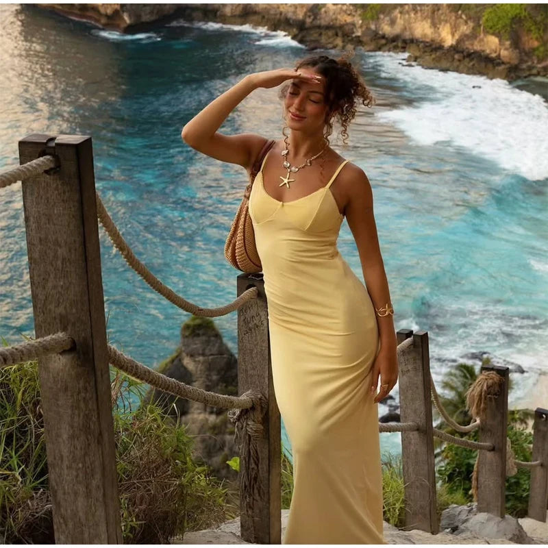 Elegant Women's Backless Yellow Lace Dresses Cross-back Design Long Slim Fit A-line Summer Dress Y2k Vacation Travel Vestido2026