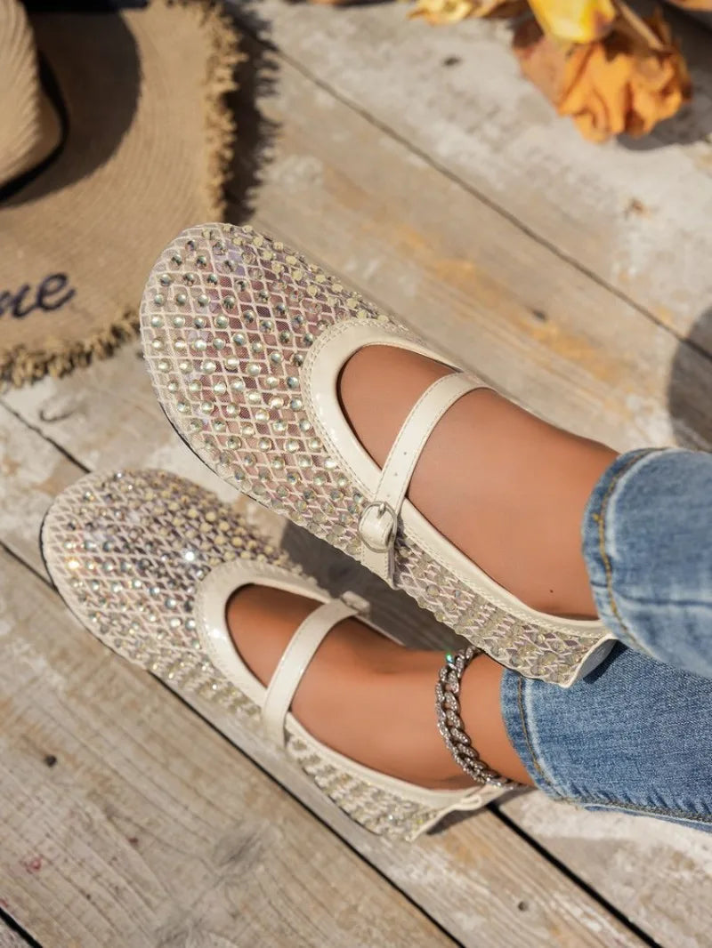 Women's Mary Jane Shoes Luxury Brand Casual Single Shoes Women's Rhinestone Plus Size Womens Round Head Buckle Beach Flat Shoes