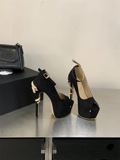Liyke Sexy Metal Snake Shape Thin Heeled Sandals Women Peep Toe Buckle Strap Platform High Heels Party Stripper Shoes Size 35-42