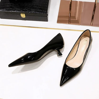 Women Comfortable 3.5cm High Heels Shallow Pointed Toe Work Pumps Lady Glossy Leather Low Heels 2024 Luxury Brand Designer Shoes