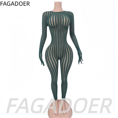 FAGADOER Women Sexy Mesh Lace Jumpsuits Fashion Long Sleeves Round Neck Vertical Striped Sheer Bodycon Rompers Summer Playsuits