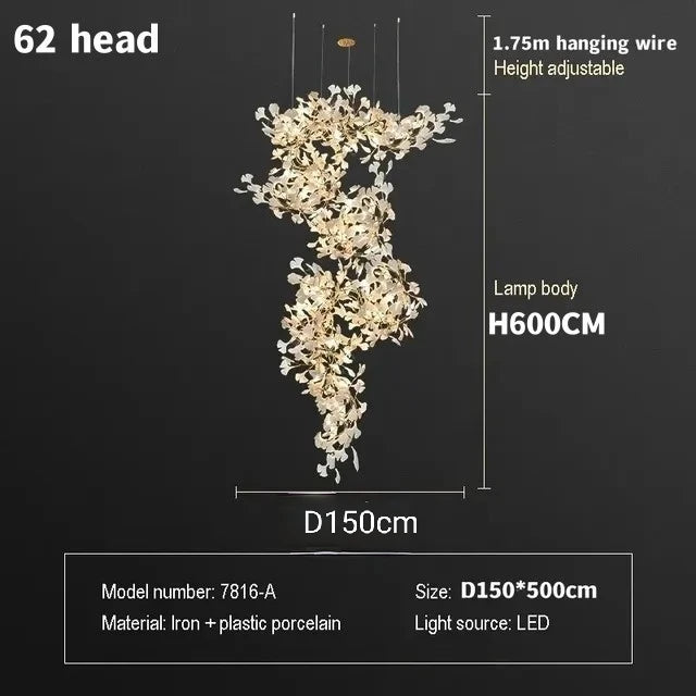 Staircase Ginko Leaf Chandelier Light For High Ceiling Staircase Loft Living Room Hotel Lobby Stairway Luxury Branch Chandeliers