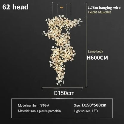 Staircase Ginko Leaf Chandelier Light For High Ceiling Staircase Loft Living Room Hotel Lobby Stairway Luxury Branch Chandeliers