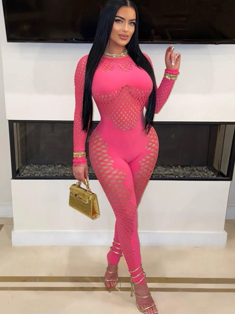 FHSEER Women's Plus Size Sexy Jumpsuit Fishnet Hollow Out Bodycon Long Sleeve Stretchy Jumpsuit Sexy Club Party Outfit