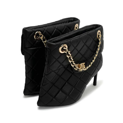PU Leather Pointed Toe Metal Chain Mid-Calf Women Boots Stiletto High Heels Slip On Design Large Size Fashion Lady Shoes