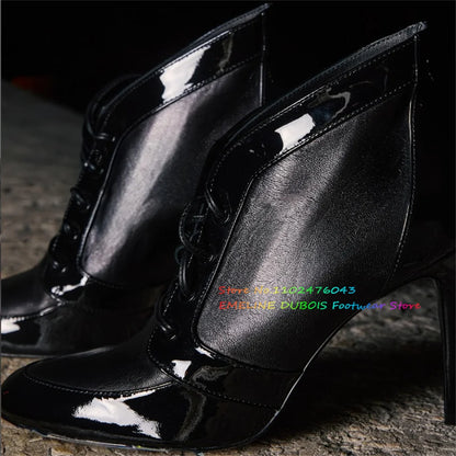 Black Leather Round Toe Toe High Heel Ankle Boot Women Sexy Stiletto Heel Lace Up Solid Color Elegant Casual Short Boots