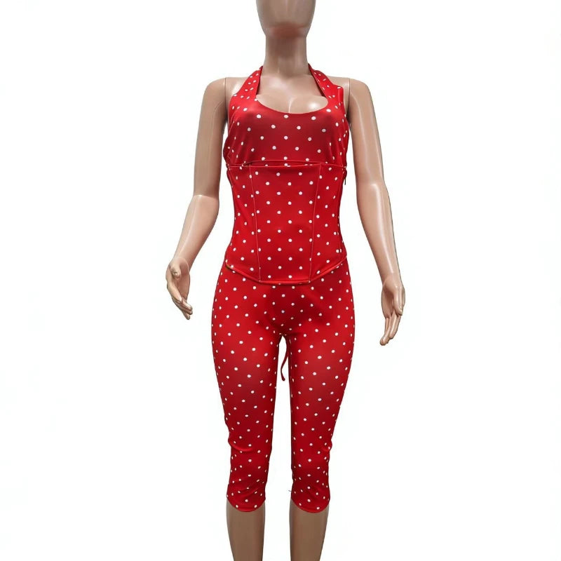 Doyerl Polka Dot One Piece Jumpsuits for Woman Club Outfits Halter V-neck Backless Lace-up Bandage Corset Bodycon Romper Mono