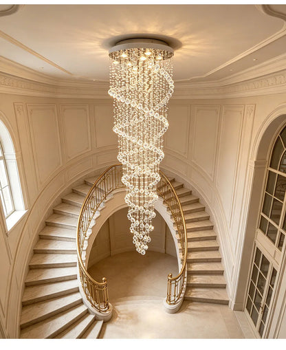 Modern Luxury Spiral Crystal Ceiling Fixture Long Cascading Crystal Design for Duplex Stairwell High Ceiling Home Lighting