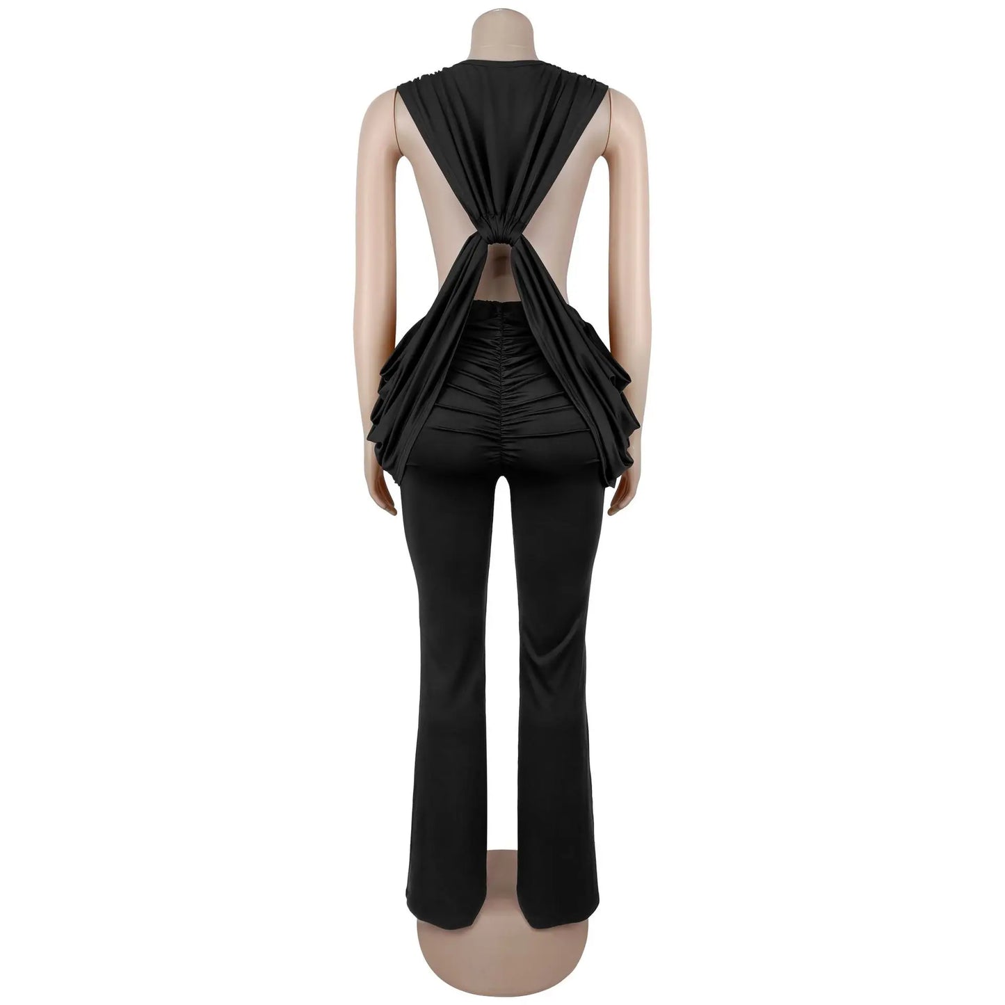 HLJ Sexy Solid Color Bodycon Jumpsuits Women Halter Deep V Neck High Waist Ruched Flare Rompers Party Club Streetwear Overalls