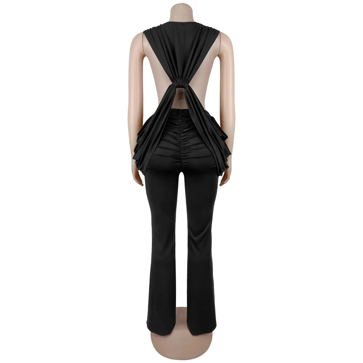 HLJ Sexy Solid Color Bodycon Jumpsuits Women Halter Deep V Neck High Waist Ruched Flare Rompers Party Club Streetwear Overalls