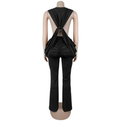 HLJ Sexy Solid Color Bodycon Jumpsuits Women Halter Deep V Neck High Waist Ruched Flare Rompers Party Club Streetwear Overalls
