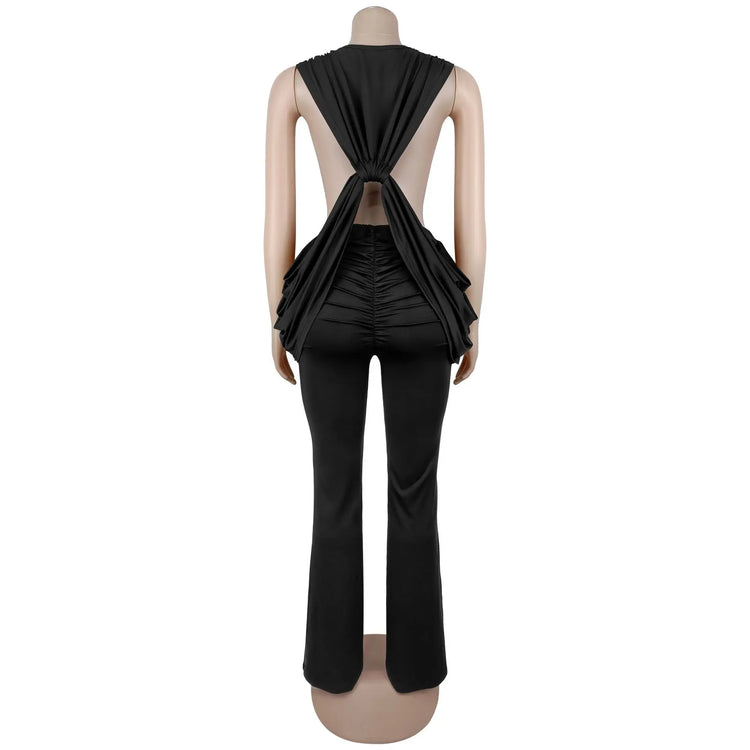 HLJ Sexy Solid Color Bodycon Jumpsuits Women Halter Deep V Neck High Waist Ruched Flare Rompers Party Club Streetwear Overalls