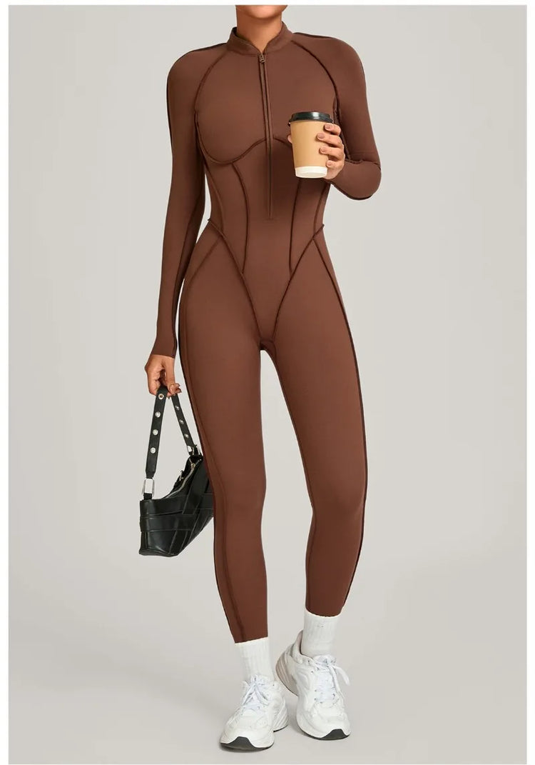 Women's Winter Yoga Jumpsuits Sports Fitness Hip-Lifting Slimming One-piece Zipper Long-Sleeved Outdoor Gym Workout Bodysuits