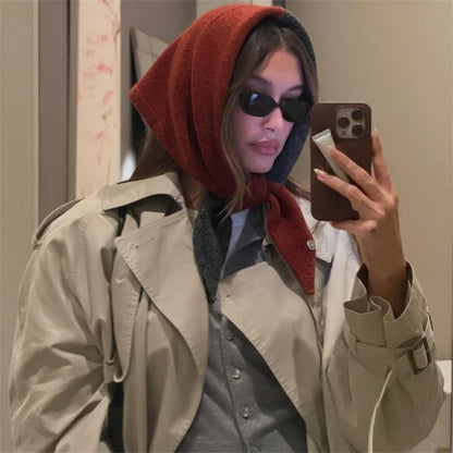 Women Sided Color Knitted Triangle Scarf Fashion Wool Turban Shawl Light Neck Wrap Multi-purpose for Daily and Travel Outfits