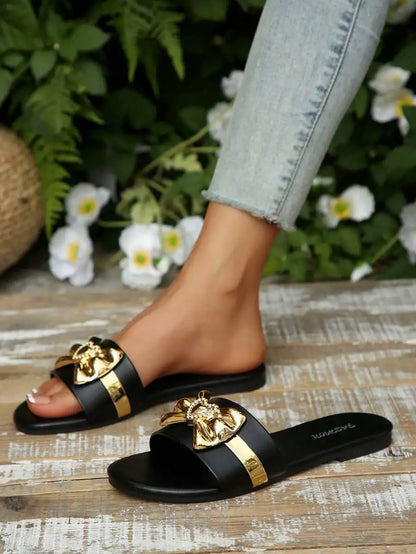 Women's Shoes New Fashion Slippers with Bow Buckle Versatile Solid Color Decorative Round-Toe Flat Sandals