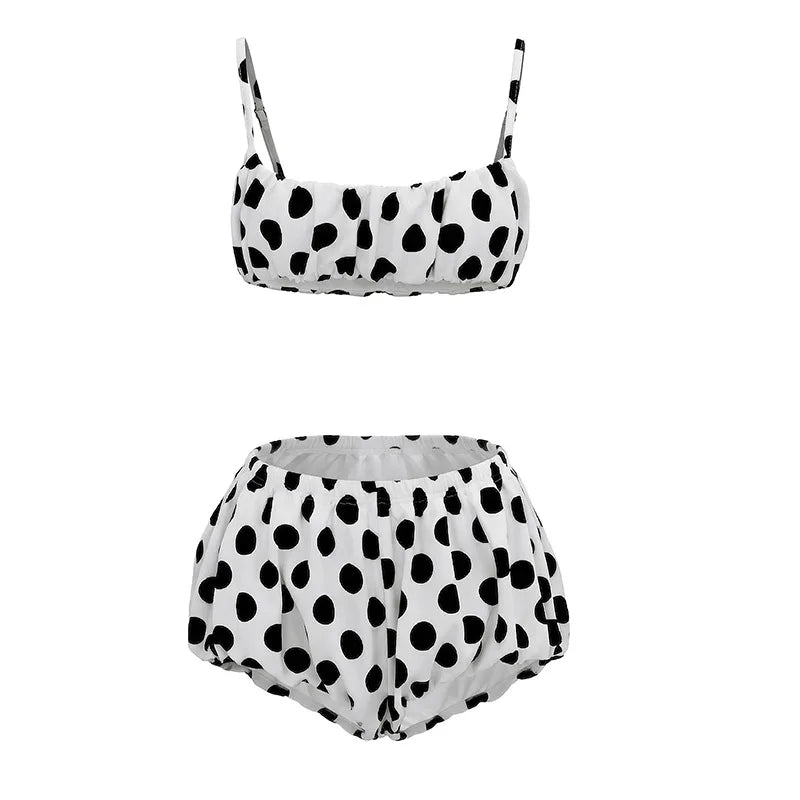 FAGADOER Retro Polka Dot Two Piece Sets Spaghetti Strap Ruched Crop Top + Bubble Puff Shorts Outfits Women Holidays Suits