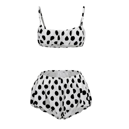 FAGADOER Retro Polka Dot Two Piece Sets Spaghetti Strap Ruched Crop Top + Bubble Puff Shorts Outfits Women Holidays Suits