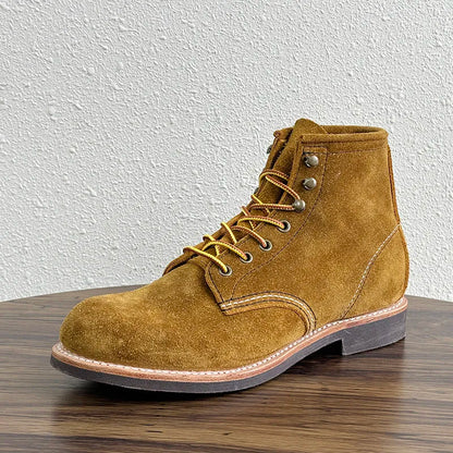 Mens Lace Up High Top Real Cow Suede Leather Work Shoes High Quality Ankle Boots Motorcycle Riding Safety Shoes Vintage Boots 45