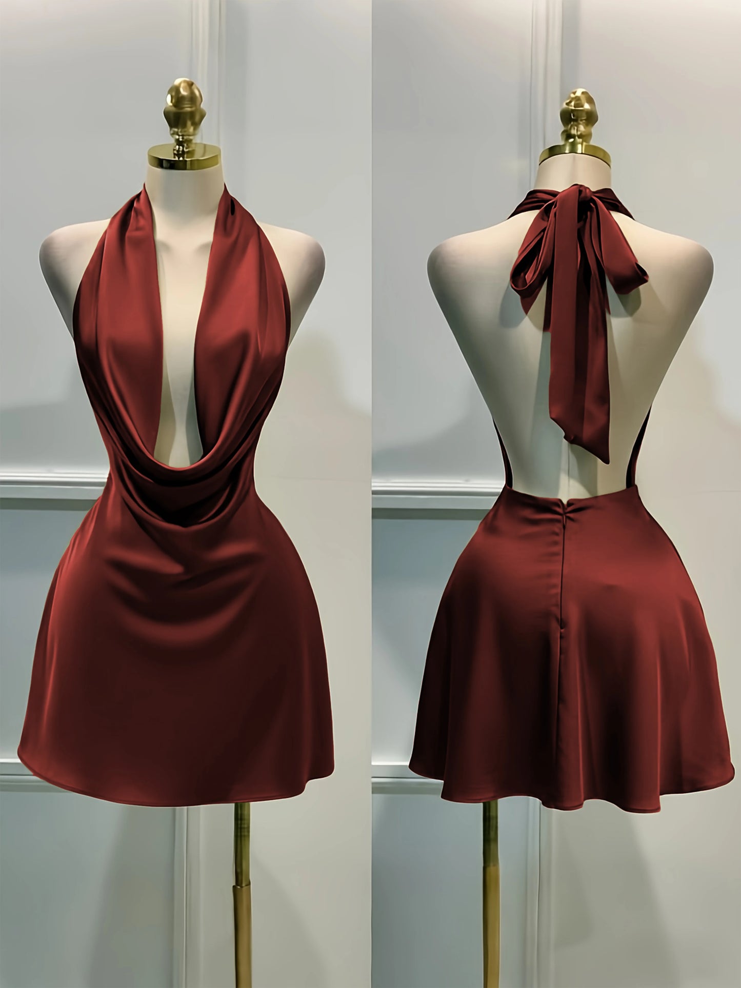 Women Elegant Solid Satin Dress, Back Zipper Open Back Fitted Midi Dress, Casual Vacation Party Banquet Cocktail Gown
