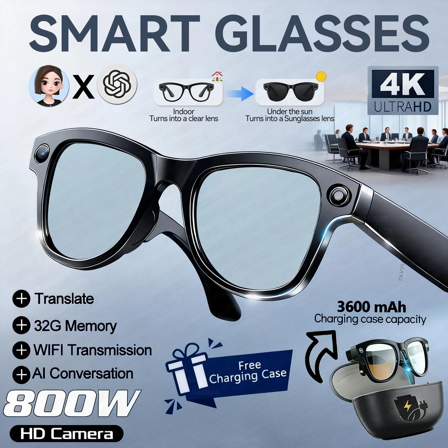 2026 New 3600mAh Large Capacity Smart Glasses 800W Pixel Anti-shake Camera 120+Language Translation Video Recording Call Glasses