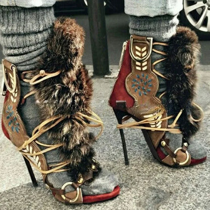 11.5cm Luxury Stiletto Women's Sandals Catwalk Open-toe Color Matching Straps Plush Women's Pumps and Heel Sandalias De Mujer