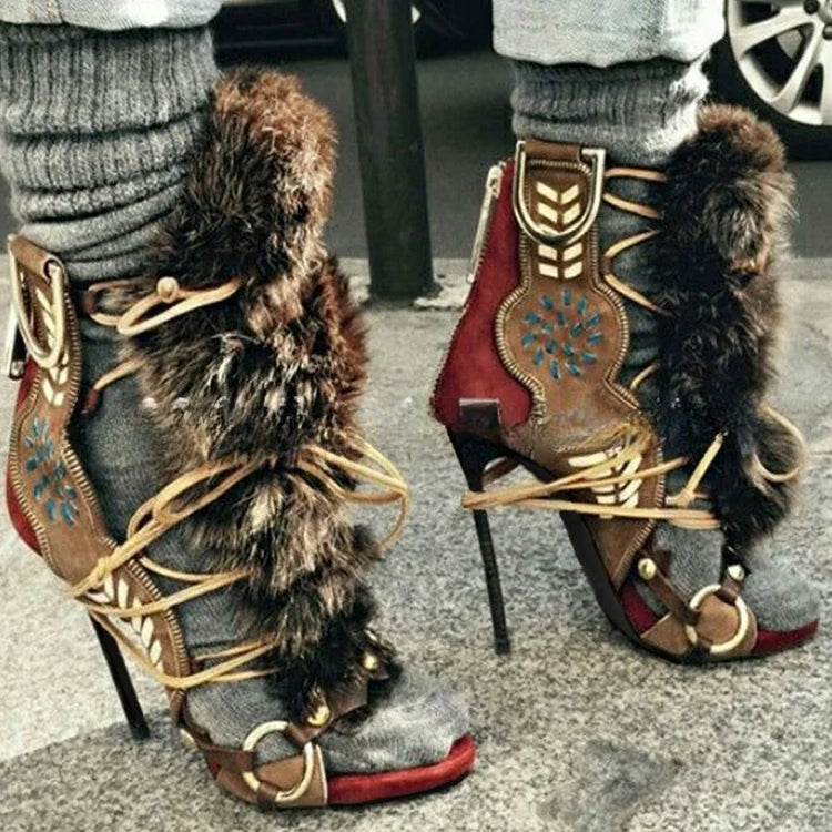 11.5cm Luxury Stiletto Women's Sandals Catwalk Open-toe Color Matching Straps Plush Women's Pumps and Heel Sandalias De Mujer
