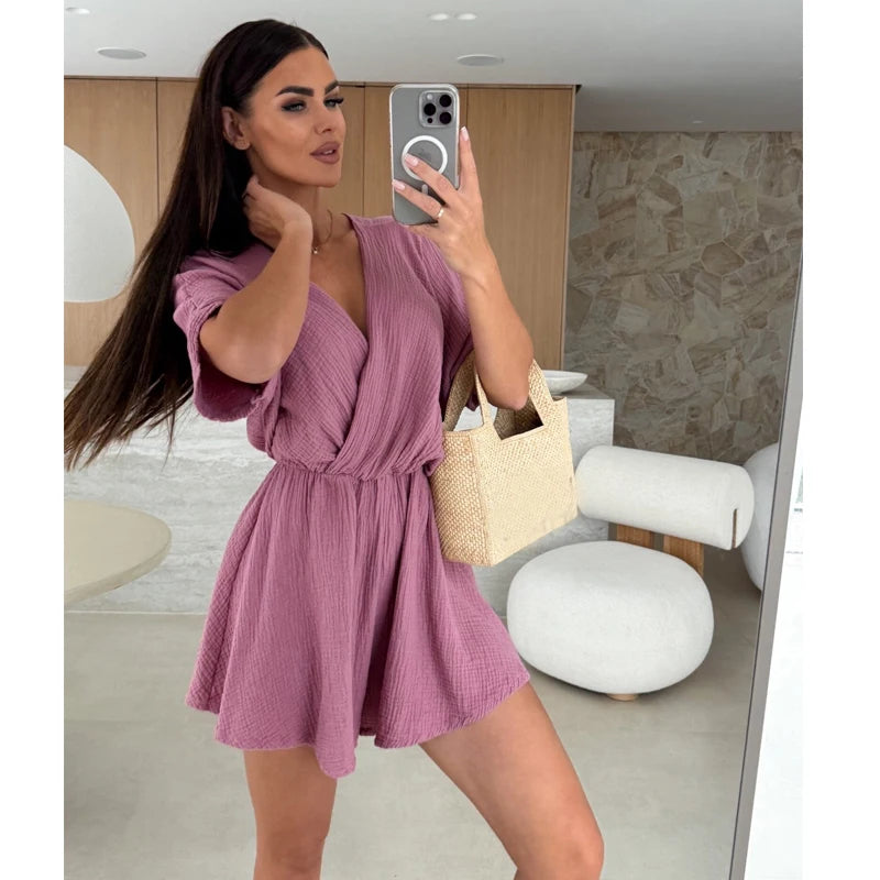 Women's Playsuits Summer 2026 Beach V Neck Short Sleeve Women's Jumpsuits Shorts Loose Casual Simple Vacation Women's Rompers