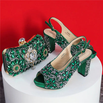 2024 Latest Italian Design African Women's High Heels Round Head Sandals Party Wedding Party Golden Color Shoes and Bags Set