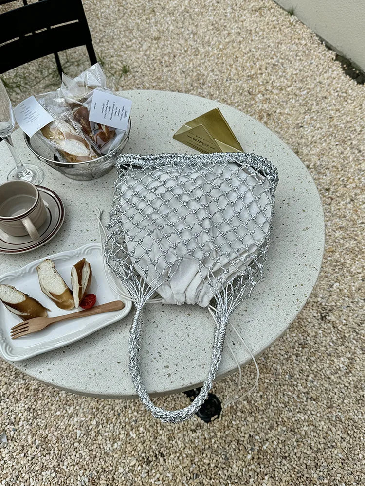 Hylhexyr Ins New Solid Color Gold and Silver Thread Handmade Weaving Bag Bucket Shaped Fashion Handbag Beach Bags