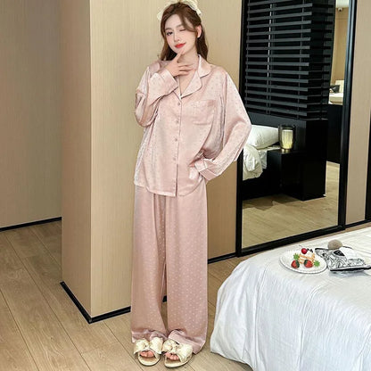 Women's New Arrival Silk-Feel Ice-Silk Lightweight Long-Sleeve Pajama Set Two-Piece Comfortable Homewear Suit