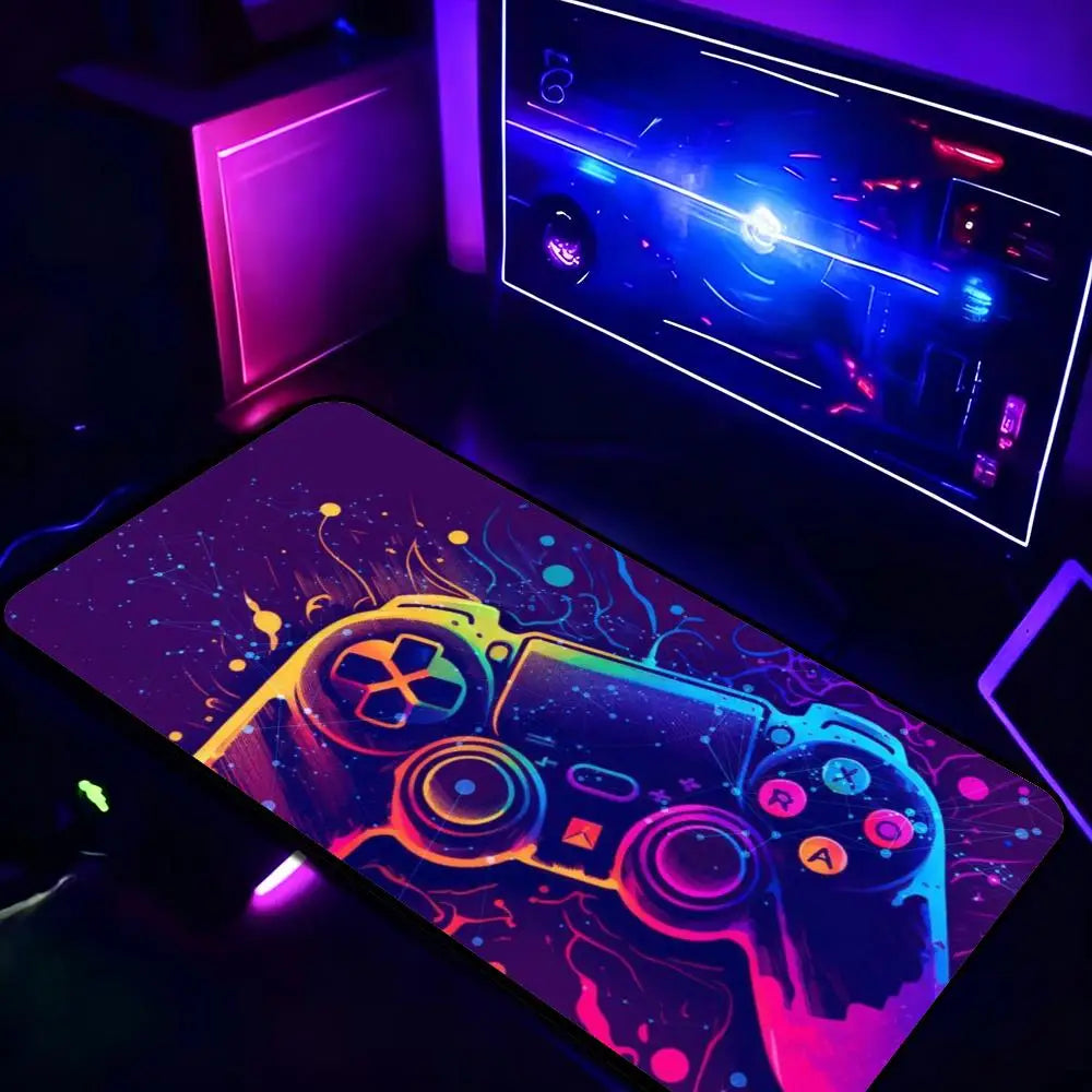 Extra Large XXL Full Desk Mouse Pad, Neon Rainbow Game Controller Gamer for PC Laptop E-sports Gamers Office Home Decor