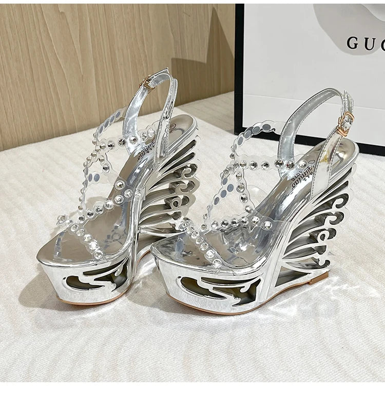 Voesnees Summer New Hollow Out Wedge Women's Pumps Shiny Sequins Fashion Party Shoes Club Heels Transparent Narrow Belt Sandals