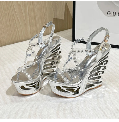 Voesnees Summer New Hollow Out Wedge Women's Pumps Shiny Sequins Fashion Party Shoes Club Heels Transparent Narrow Belt Sandals