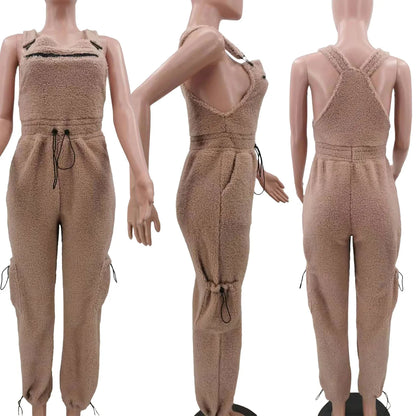 Lace Up Jumpsuit Women One Piece Jumpsuits Fur Rompers High Waist Spring Autumn Pants Mom Overalls Playsuits Elegant Pink